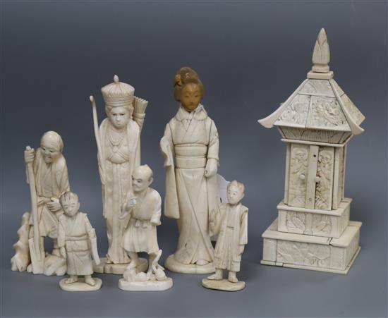 A Japanese sectional ivory model shrine and six ivory or bone figures shrine height 18cm